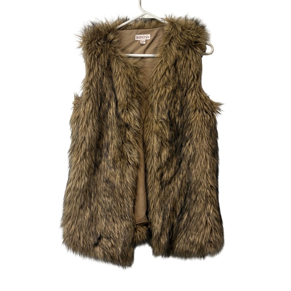 Merona Women Brown Faux Fur Vest Open Front Rabbit Sleeveless Jacket XS Festival
